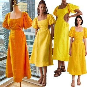 🆕 FARM Rio 🧿 NWOT Linen Cut Out Midi Dress, Yellow - Size M